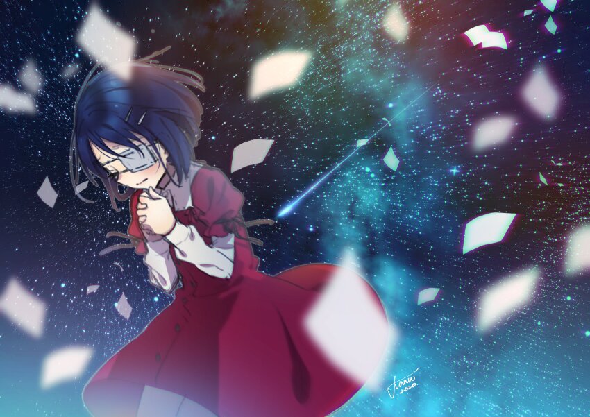 1girl absurdres closed_eyes commentary dress ef_(visual_novel) english_commentary eyelashes eyepatch falling_paper hair_ornament hairclip highres kashiwagi_sumika long_sleeves own_hands_clasped own_hands_together red_dress shindou_chihiro short_hair signature solo
