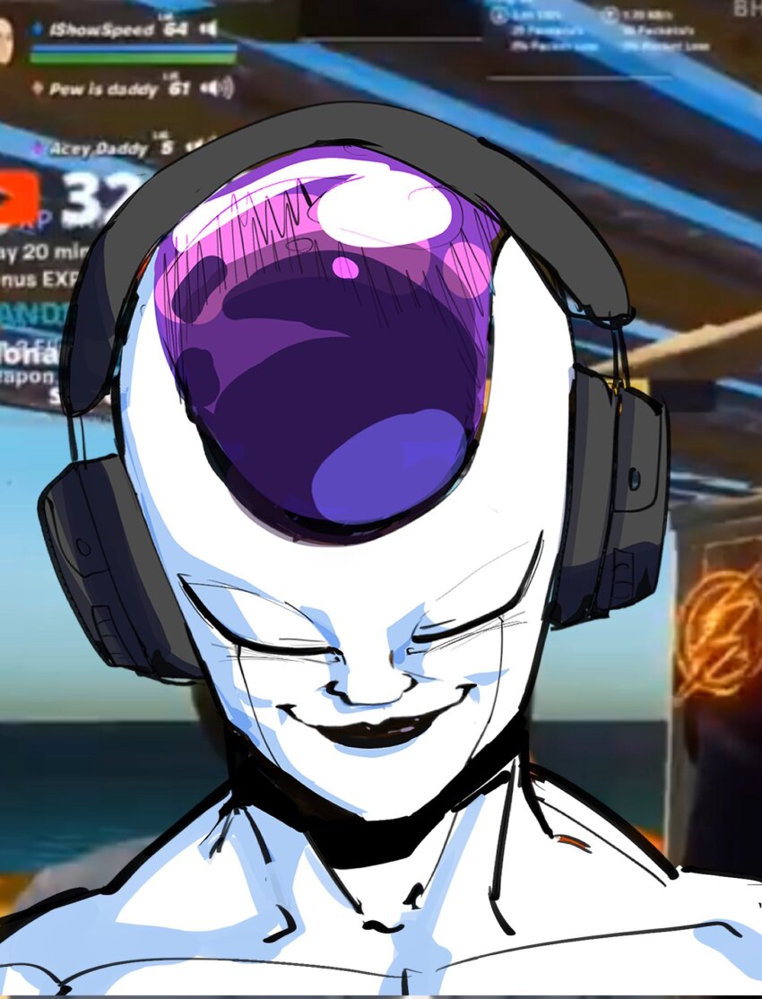 1boy alien black_lips closed_eyes colored_skin corrupted_twitter_file dragon_ball dragonball_z facing_viewer final_form_frieza fortnite frieza funnismonkis game_screenshot_background headphones highres ishowspeed_trying_not_to_laugh_(meme) male_focus meme nose portrait screenshot_background smile solo white_skin