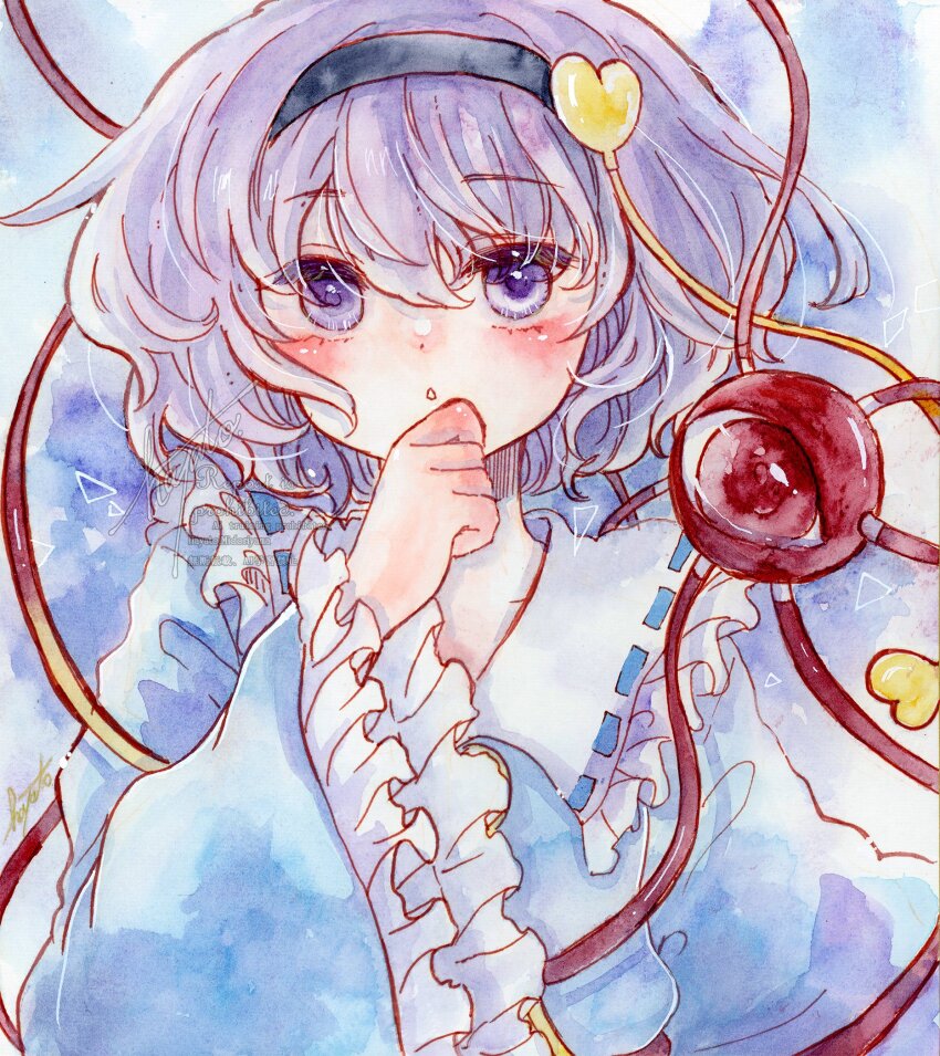 1girl blue_shirt blush frills hairband hand_on_own_chin hand_up highres komeiji_satori looking_at_viewer shirt short_hair solo tomo_hatopo touhou wide_sleeves