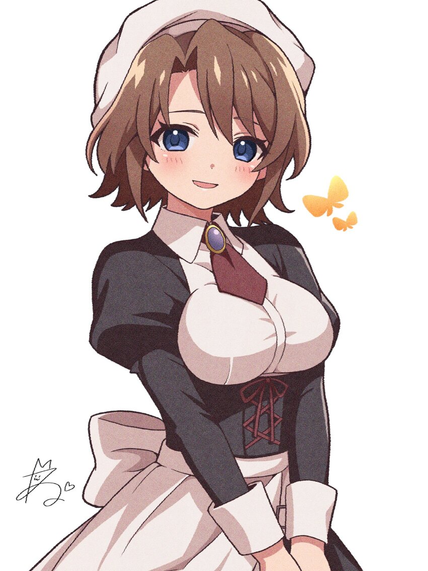 1girl apron beret black_dress blue_eyes breasts brown_hair collared_dress curtained_hair dress golden_butterfly hat highres juliet_sleeves light_blush long_sleeves looking_at_viewer maid medium_breasts necktie niyane open_mouth own_hands_together puffy_sleeves red_necktie shannon_(umineko) short_hair signature simple_background sleeve_cuffs smile solo umineko_no_naku_koro_ni upper_body waist_apron white_apron white_background white_hat white_sleeve_cuffs