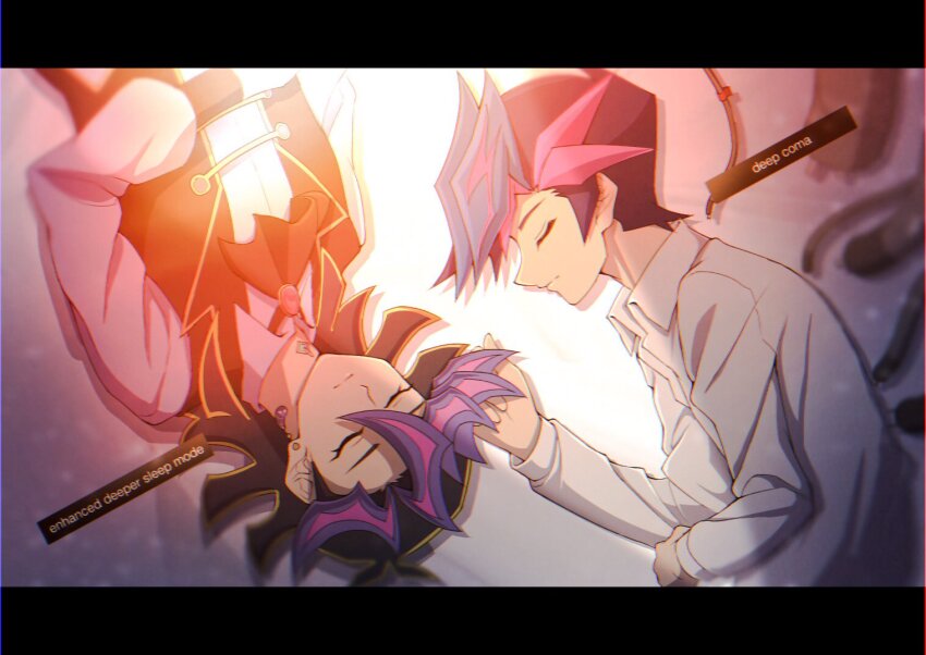 2boys ai_(yu-gi-oh!) alternate_form ascot atltax_00 black_ascot black_border black_hair black_sleeve_cuffs border cable clenched_hand closed_eyes colored_bangs dappled_sunlight dress_shirt english_text engrish_text facing_another facing_to_the_side fujiki_yusaku hand_on_own_stomach humanoid_robot indoors jacket light_particles lying male_focus military_jacket multiple_boys on_back on_ground on_side open_clothes open_jacket purple_shirt ranguage robot shirt sleeping spiked_hair sunlight white_background white_shirt wire yellow_trim yu-gi-oh! yu-gi-oh!_vrains