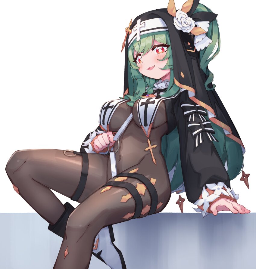 1girl absurdres arm_support between_breasts blush bodystocking boots bow breast_curtains breasts commission cross flower green_hair highres huanxiang_koudai_meow large_breasts long_hair long_sleeves looking_at_viewer nun o-ring open_mouth original pocketfans red_eyes second-party_source side_ponytail simple_background sitting smile solo thigh_strap veil white_background white_boots white_flower