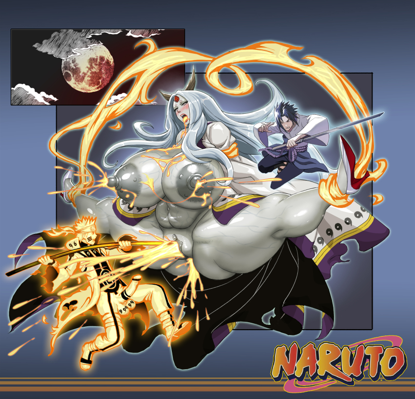 1girl 2boys 96_(marshviolet8) absurdres breasts curvy energy gigantic_breasts glands_of_montgomery grey_hair high_heels highres holding holding_staff huge_areolae huge_nipples japanese_clothes lactation long_hair multiple_boys naruto_(series) naruto_shippuuden nipples object_insertion ootsutsuki_kaguya penis plump puffy_nipples red_lips sennin_mode split staff thick_thighs thighs uchiha_sasuke uzumaki_naruto vaginal vaginal_object_insertion veins veiny_breasts