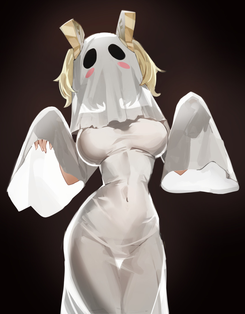 1girl absurdres blonde_hair blush breasts burnice_white covered_navel cowboy_shot dark_background dress ghost ghost_costume ghost_girl_(niyeye2019) ghost_mask ghost_pose halloween halloween_costume highres medium_breasts naked_costume ppangchil sheet_ghost short_twintails solo standing taut_clothes tight_clothes tight_dress twintails white_dress zenless_zone_zero