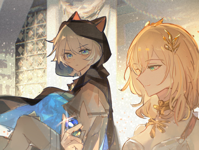 2girls aglaea_(honkai:_star_rail) animal_ears animal_hood blue_eyes breasts cat_ears cat_hood chinese_commentary cipher_(honkai:_star_rail) commentary_request dress gem green_eyes grey_hair highres holding holding_gem honkai:_star_rail honkai_(series) hood large_breasts laurel_crown looking_at_another multiple_girls qieazhibingjiling short_hair smile white_dress