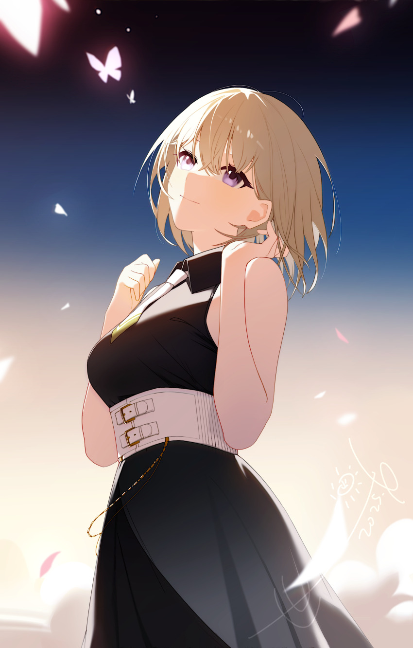 1girl absurdres bang_dream! bang_dream!_it&#039;s_mygo!!!!! belt black_dress blonde_hair bug butterfly chenshijian dress eyeliner gradient_background hair_behind_ear hair_between_eyes highres insect makeup medium_hair misumi_uika necktie purple_eyes signature simple_background sleeveless solo white_belt