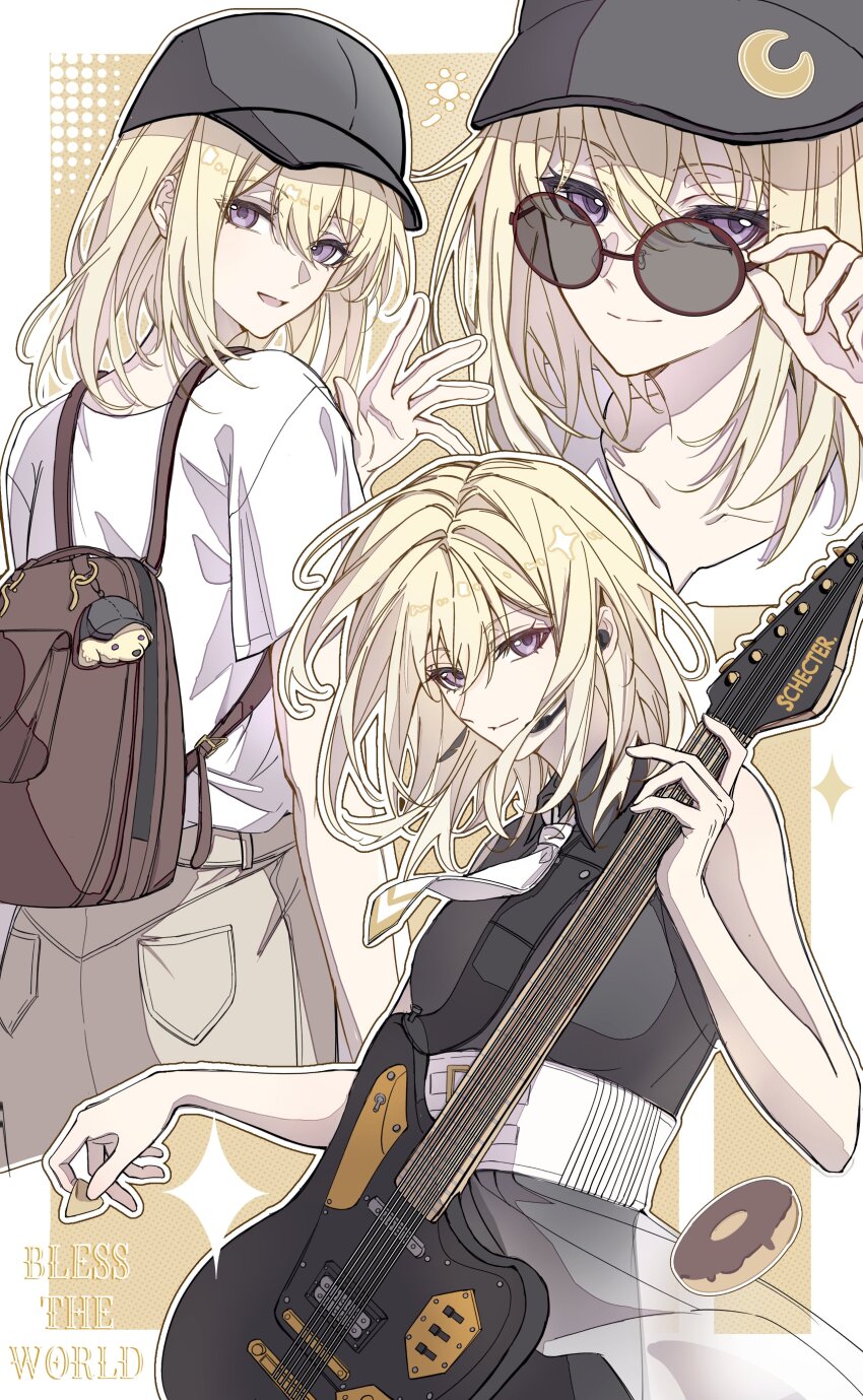 1girl absurdres adjusting_eyewear animal_charm arm_at_side backpack bag bang_dream! bang_dream!_it&#039;s_mygo!!!!! baseball_cap belt black_dress black_hat blonde_hair border chinese_commentary closed_mouth collarbone collared_dress commentary_request corset crossed_bangs donut dress earrings english_text food guitar hair_between_eyes haiyuan182 hand_up hat headset highres holding holding_guitar holding_instrument holding_plectrum instrument jewelry looking_at_viewer looking_back medium_hair misumi_uika moon_print multiple_views necktie open_mouth outline outside_border plectrum pocket print_hat purple_eyes round_eyewear shirt short_sleeves sleeveless sleeveless_dress smile sparkle stuffed_animal stuffed_toy sun_symbol waving white_border white_corset white_necktie white_outline white_shirt yellow_background