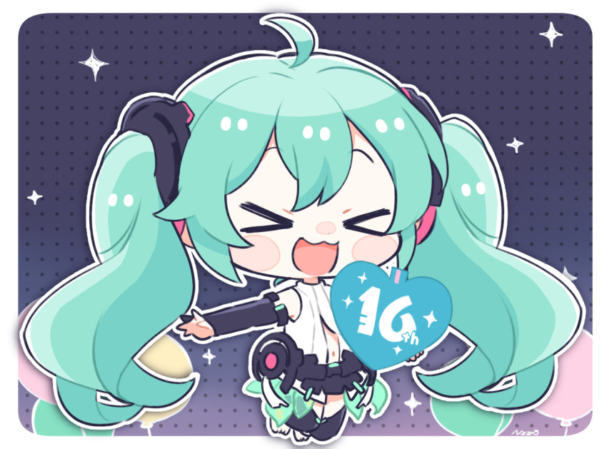 &gt;_&lt; 1girl :d balloon black_gloves black_thighhighs blush_stickers chibi closed_eyes commentary elbow_gloves facing_viewer full_body gloves green_hair hair_between_eyes hatsune_miku hatsune_miku_(append) heart long_hair najo navel open_mouth partially_fingerless_gloves signature smile solo thighhighs twintails very_long_hair vocaloid vocaloid_append xd