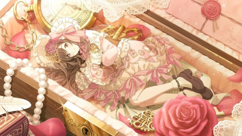 1girl bonnet brown_hair doll_joints dress feathers flower game_cg gears hair_ornament idolmaster idolmaster_shiny_colors joints lock lying official_art on_side pocket_watch red_eyes rose solo tsukioka_kogane watch