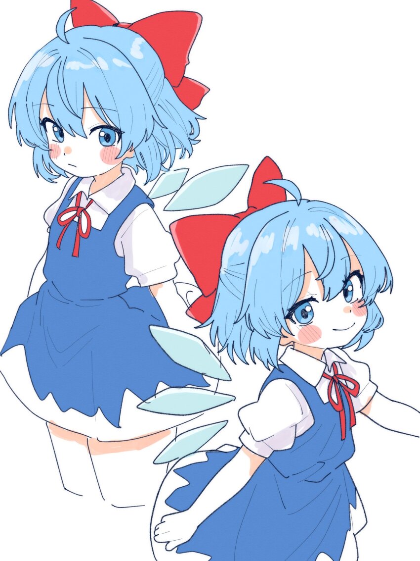1girl ahoge blue_dress blue_eyes blue_hair blush bow cirno closed_mouth commentary cowboy_shot dress hair_bow haru_maron highres looking_at_viewer medium_hair multiple_views neck_ribbon pinafore_dress red_bow red_ribbon ribbon shirt short_dress short_sleeves simple_background sleeveless sleeveless_dress standing touhou white_background white_shirt