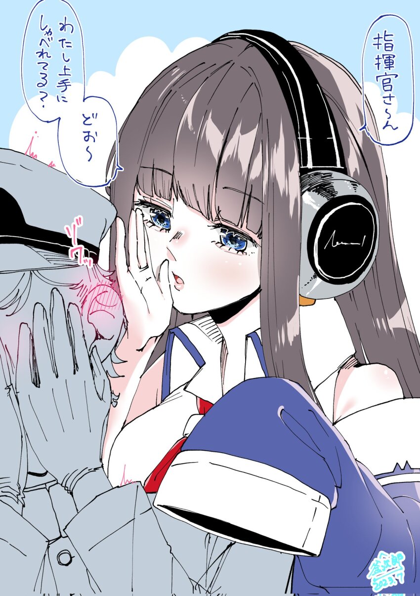 1boy 1girl azur_lane bare_shoulders black_hair blue_eyes blunt_bangs blush collared_shirt commander_(azur_lane) commentary_request dated ear_blush embarrassed hands_on_own_face headphones highres lips long_hair long_island_(azur_lane) long_island_(retrofit)_(azur_lane) long_sleeves mikuri_kamazirou military_uniform necktie official_alternate_costume parted_lips red_necktie retrofit_(azur_lane) shirt sidelocks signature simple_background sleeves_past_fingers sleeves_past_wrists translation_request whispering white_shirt