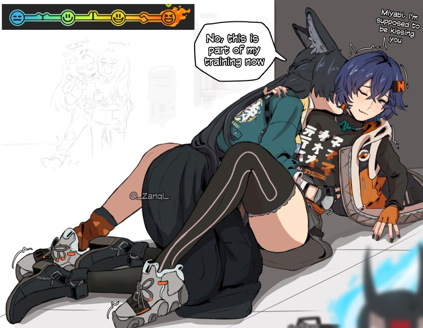 4girls absurdres animal_ears belle_(zenless_zone_zero) black_hair blue_hair blush fox_ears fox_girl green_eyes hair_ornament highres hoshimi_miyabi kiss kissing_neck letter_hair_ornament long_hair multiple_girls one_eye_closed tailless_(zenless_zone_zero) trembling trigger_(zenless_zone_zero) tsukishiro_yanagi twitter_strip_game_parody very_long_hair yuri zanqi zenless_zone_zero