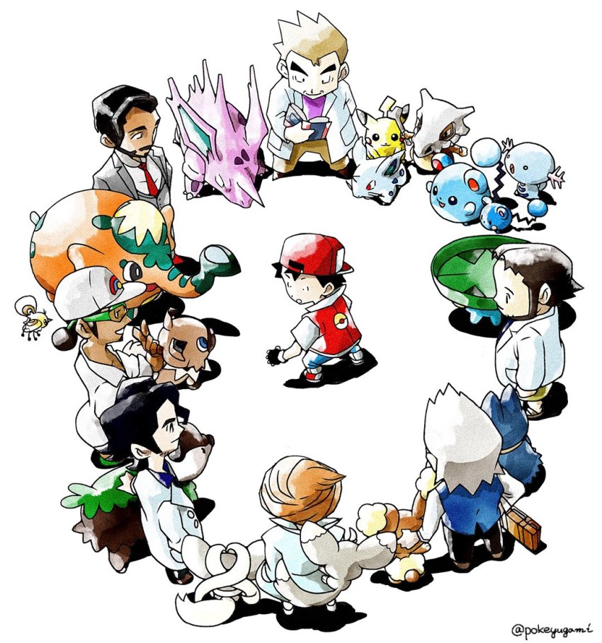 1girl 6+boys professor_sycamore professor_juniper azurill backwards_hat baseball_cap beard professor_birch black_gloves black_hair black_pants blue_pants blue_vest briefcase brown_hair brown_pants buneary buttons chibi cinccino commentary_request cubone cufant cutiefly dark-skinned_male dark_skin facial_hair fingerless_gloves gen_1_pokemon gen_2_pokemon gen_3_pokemon gen_4_pokemon gen_5_pokemon gen_6_pokemon gen_7_pokemon gen_8_pokemon gloves grey_jacket grey_vest hair_bun hand_up hat jacket professor_kukui lab_coat long_sleeves lotad marill minccino multiple_boys munchlax necktie nidoran nidoran_(female) nidorino nintendo pants parted_lips pikachu pokemon pokemon_(creature) pokemon_bw pokemon_dppt pokemon_rgby pokemon_rse pokemon_sm pokemon_swsh pokemon_xy pokeyugami purple_shirt red_(pokemon) red_necktie retro_artstyle rockruff rose_(pokemon) professor_rowan professor_oak sandals shirt shoes short_hair single_hair_bun skiddo standing sunglasses twitter_username vest white_shirt wooper
