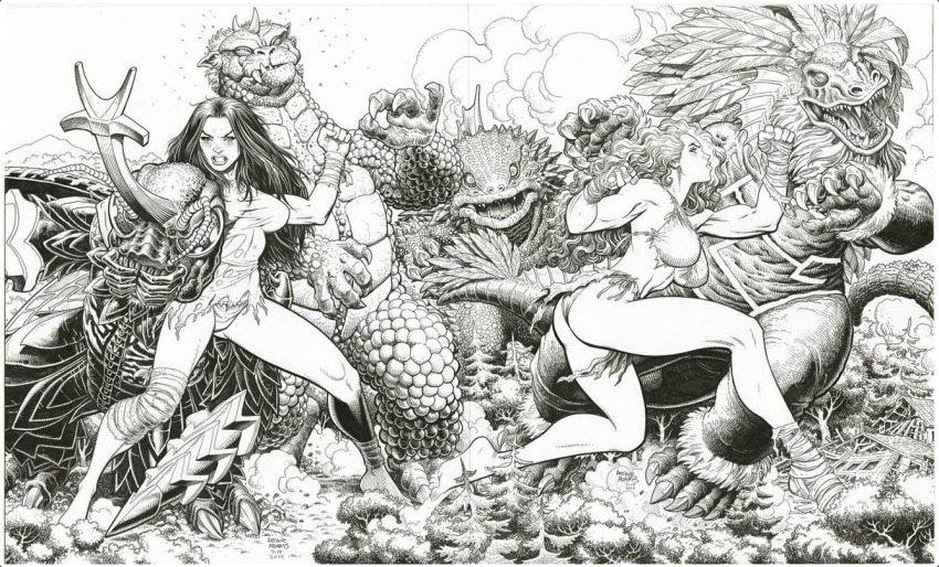 2girls arthur_adams ass bikini breasts bug cleavage crossover drill drill_hand feathers fighting fin fins gabara geronimon giant giant_monster giantess godzilla&#039;s_revenge godzilla_(series) godzilla_vs._megalon_(1973) guesra height_difference horns kaiju large_breasts loincloth megalon monochrome monster multiple_girls muscular revealing_clothes simple_background single_horn swimsuit tail toho torn_clothes tsuburaya_productions ultra_series ultraman_(1st_series) underboob white_background
