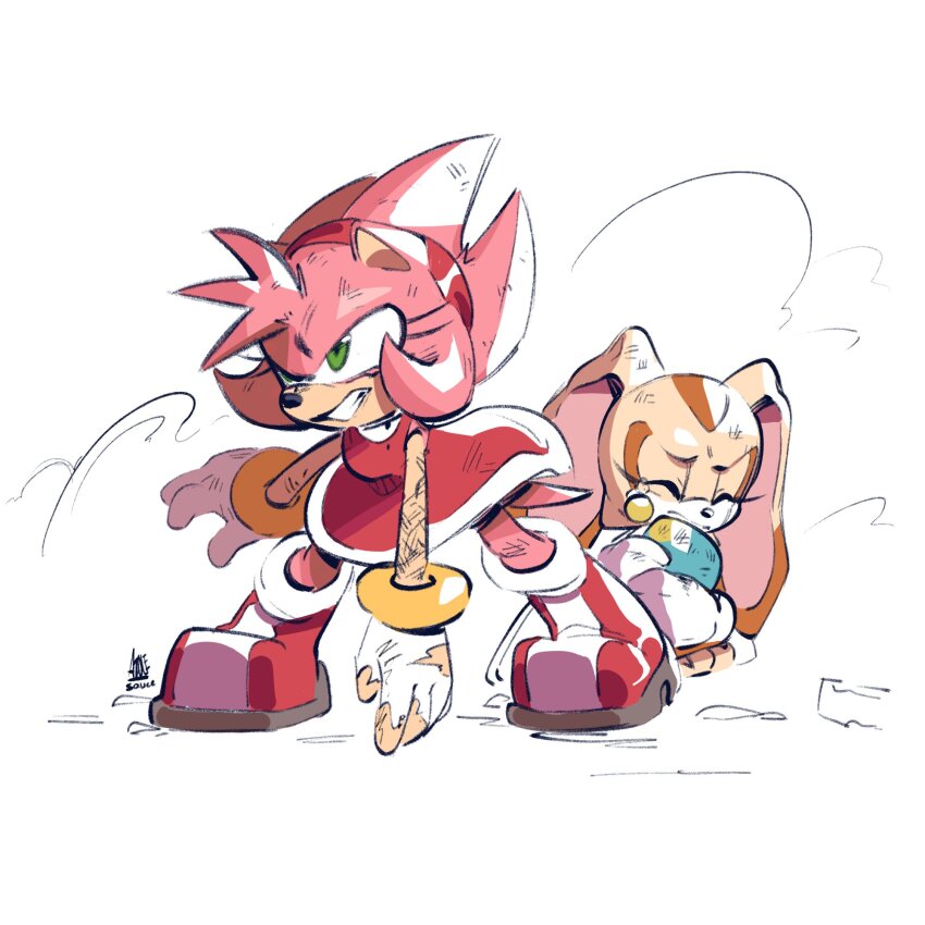 aioles amy_rose behind_another boots bracelet cheese_(sonic) child cream_the_rabbit destroyed_clothing dress gloves green_eyes hairband hedgehog highres hug injury jewelry kneeling legs medium_hair orange_fur pink_fur protecting protective rabbit sega smile sonic_(series) torn_clothes torn_gloves