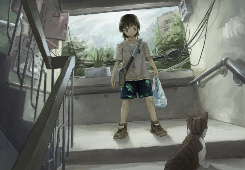1girl bag bin_jiang brown_eyes brown_hair cat check_commentary commentary_request highres leaf_print original short_hair shorts shoulder_bag stairs