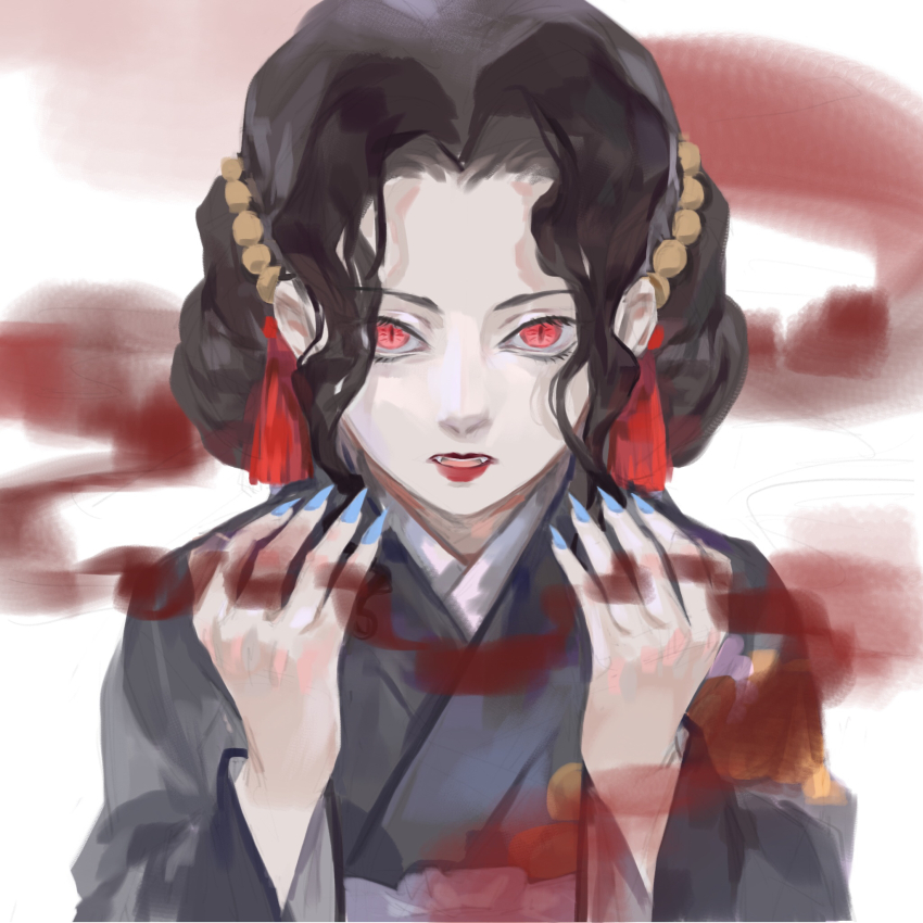 1girl black_hair blood blue_nails demon_girl fingernails highres japanese_clothes kibutsuji_muzan kibutsuji_muzan_(female) kimetsu_no_yaiba kimono looking_at_viewer red_eyes sharp_fingernails slit_pupils solo user_xwfs8272