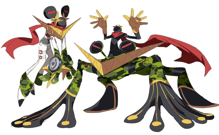 camouflage_gloves gloves hanamura_yousuke highres jiraiya_(persona_4) jumpsuit kunai no_humans nt_26 persona persona_4 red_scarf scarf shadow_(persona) shadow_yousuke weapon white_background white_jumpsuit yellow_gloves
