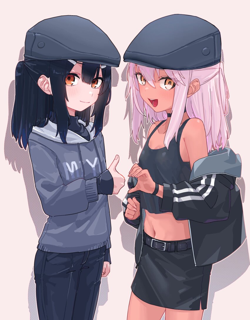 2girls :d absurdres bare_shoulders belt black_choker black_hair black_hat black_jacket black_pants black_skirt black_tank_top blush chloe_von_einzbern chloe_von_einzbern_(archer_install) choker commentary_request commission dark-skinned_female dark_skin drop_shadow fate/kaleid_liner_prisma_illya fate_(series) flat_cap flat_chest friendzone grey_hoodie hair_ornament hairclip half_updo hat heart_hands_failure highres hood hoodie jacket jacket_partially_removed long_hair long_sleeves looking_at_viewer midriff miyu_edelfelt miyu_edelfelt_(magical_girl) multiple_girls navel niwaikanai off_shoulder open_mouth orange_eyes outside_border panties pants pencil_skirt pink_background pink_hair ponytail print_hoodie shirt_under_sweater sidelocks simple_background skeb_commission skirt sleeves_past_wrists smile tank_top thumbs_up underwear wristband