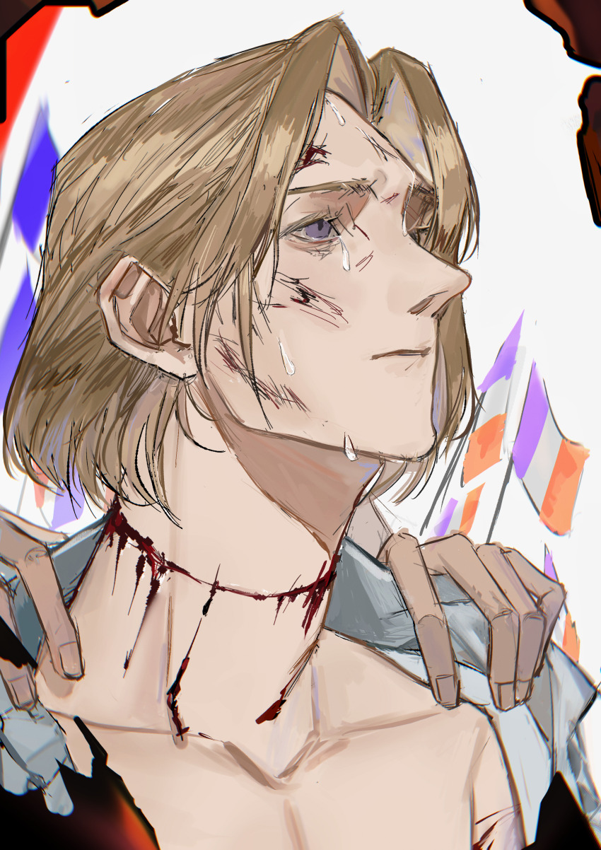 1boy 1other absurdres axis_powers_hetalia bleeding blonde_hair blood collared_shirt crying cuts dirty dirty_face france_(hetalia) french_flag highres injury male_focus purple_eyes scratches shirt short_hair solo_focus wanlaijuji132 white_shirt
