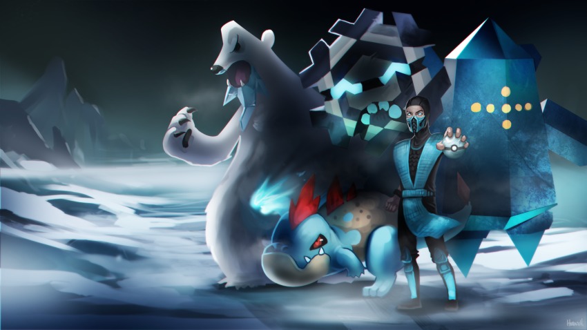 beartic blue_eyes blue_theme bone claws croconaw crossover cryogonal ekknight fangs fingerless_gloves game_freak gen_1_pokemon gen_2_pokemon gen_3_pokemon gen_4_pokemon gen_5_pokemon gloves glowing highres holding holding_poke_ball legendary_pokemon male_focus mask mortal_kombat_(series) ninja nintendo no_pupils open_mouth poke_ball pokemon pokemon_(creature) red_eyes regice sub-zero tail wings