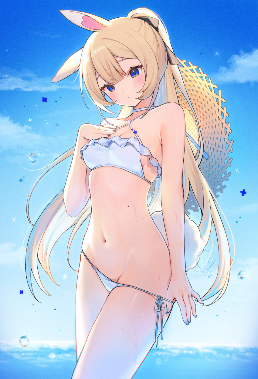 1girl animal_ears artist_logo bare_arms bare_shoulders bikini blonde_hair blue_eyes blue_nails blue_sky blush breasts bubble cleavage cloud commentary cowboy_shot criss-cross_halter day diffraction_spikes double-parted_bangs fingernails frilled_bikini_top hair_between_eyes halterneck hand_on_own_chest hat hat_on_back head_tilt highres horizon indie_virtual_youtuber legs_together logo long_fingernails long_hair looking_at_viewer medium_breasts mole mole_on_stomach nail_polish navel ocean outdoors parted_lips ponytail rabbit_ears rabbit_girl rabbit_tail side-tie_bikini_bottom sky solo standing stomach strap_pull straw_hat string_bikini swimsuit symbol-only_commentary tail teeth very_long_hair virtual_youtuber water water_drop wet white_bikini yenko_(vtuber) yenkoes