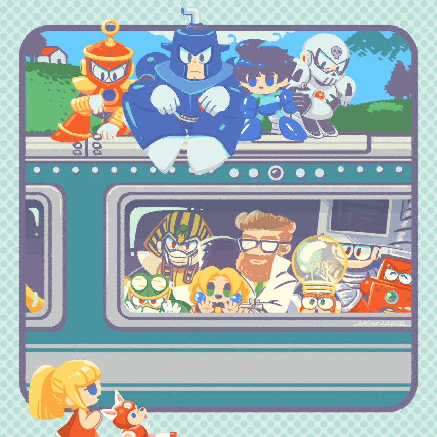 2girls 6+boys black-framed_eyewear blonde_hair blue_eyes blunt_bangs bright_man day dive_man dr._cossack_(mega_man) drill_man dust_man glasses highres house humanoid_robot kalinka_cossack_(mega_man) laser-lance mega_man_(character) mega_man_(classic) mega_man_(series) mega_man_4 multiple_boys multiple_girls outdoors pharaoh_man ponytail red_eyes ring_man robot roll_(mega_man) rush_(mega_man) short_hair short_ponytail skull_man toad_man train