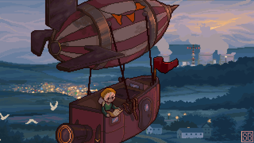 1girl aircraft airship animated animated_gif bird blonde_hair bunting city_lights cloud cloudy_sky cooling_tower dawn dirigible flag hat highres holding holding_map horizon landscape looping_animation map morning orange_hat original outdoors pixel_art rope scrunchybean sky solo steam wind