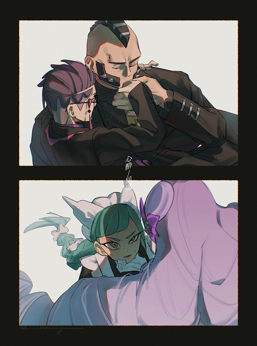 2boys 2girls apron aqua_hair black-framed_eyewear black_border black_hair black_shirt black_suit border brown_eyes closed_mouth corbeau_(pokemon) drill_hair formal_clothes from_behind glasses gloves hair_ornament hand_on_another&#039;s_chin hand_size_difference height_difference highres holding_hands jacinthe_(pokemon) kiss kissing_hand lebanne_(pokemon) long_hair maid maid_apron maid_headdress mohawk multiple_boys multiple_girls necktie nintendo philippe_(pokemon) pokemon pokemon_legends:_z-a ponytail purple_hair ribbon round_eyewear saba_goma shirt short_hair sideburns simple_background sitting sitting_on_lap sitting_on_person suit sweatdrop undercut very_long_hair white_background white_gloves white_ribbon yaoi yellow_necktie yuri