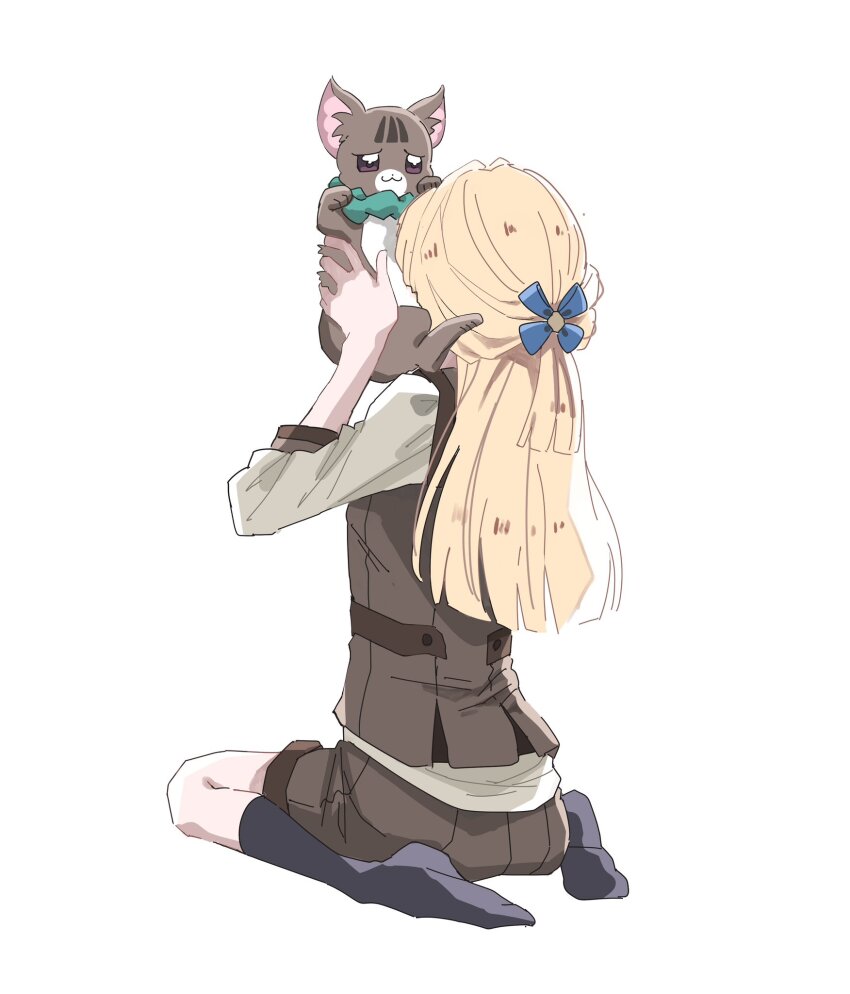 2girls aqua_scrunchie back blonde_hair brown_fur cat face_hug hair_ribbon highres hug long_hair multiple_girls nekoyashiki_mayu nekoyashiki_mayu_(cat) nekoyashiki_yuki omochi_011011 pink_eyes precure ribbon scene_reference school_uniform scrunchie second_wangan_school_uniform shorts simple_background smile socks wonderful_precure!