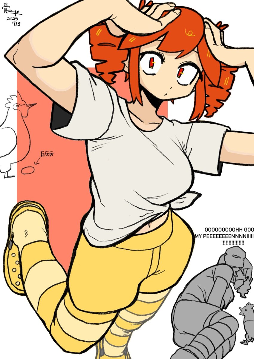 1girl arms_up artist_name bone_nigi breasts crocs dated drill_hair green_pantyhose green_sandals green_shorts hands_on_own_head highres kasane_teto medium_breasts navel pantyhose red_hair sandals shirt short_hair short_sleeves shorts solo translation_request twin_drills twitter_username utau white_shirt
