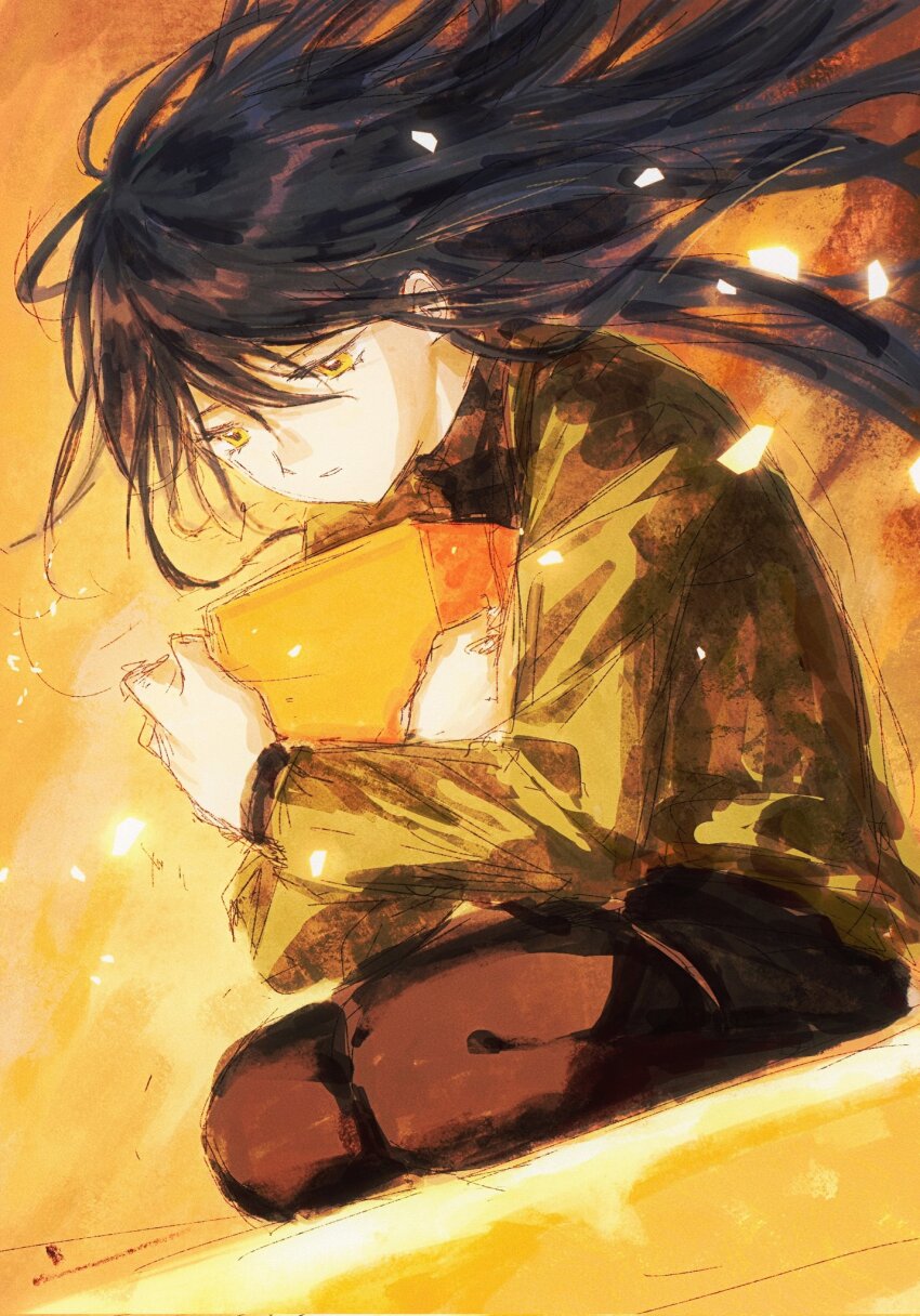 1girl black_hair conch_(gundam) floating_hair gundam gundam_gquuuuuux highres hugging_object jacket long_hair long_sleeves muluo0128 non-humanoid_robot nyaan_(gundam_gquuuuuux) parted_lips robot sitting solo yellow_eyes