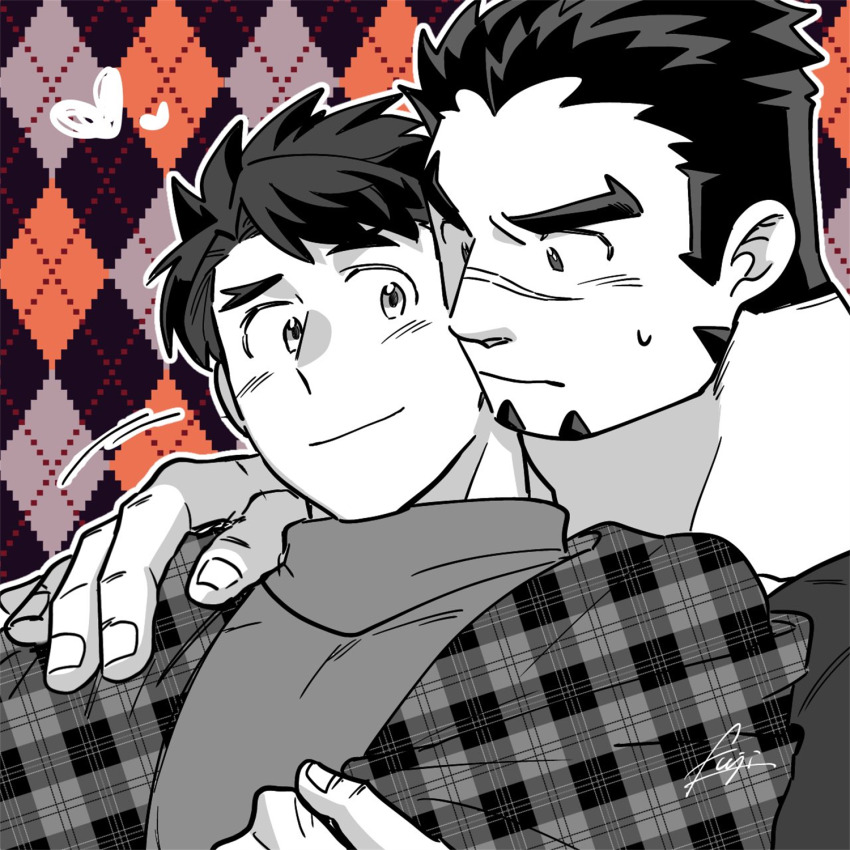2boys akashi_(live_a_hero) bara blush checkered_background couple facial_hair fujishima_kazuya goatee greyscale_with_colored_background hand_on_another&#039;s_shoulder highres large_hands light_smile live_a_hero long_sideburns male_focus male_protagonist_(live_a_hero) motion_lines multiple_boys nervous short_hair sideburns sweatdrop thick_eyebrows upper_body yaoi