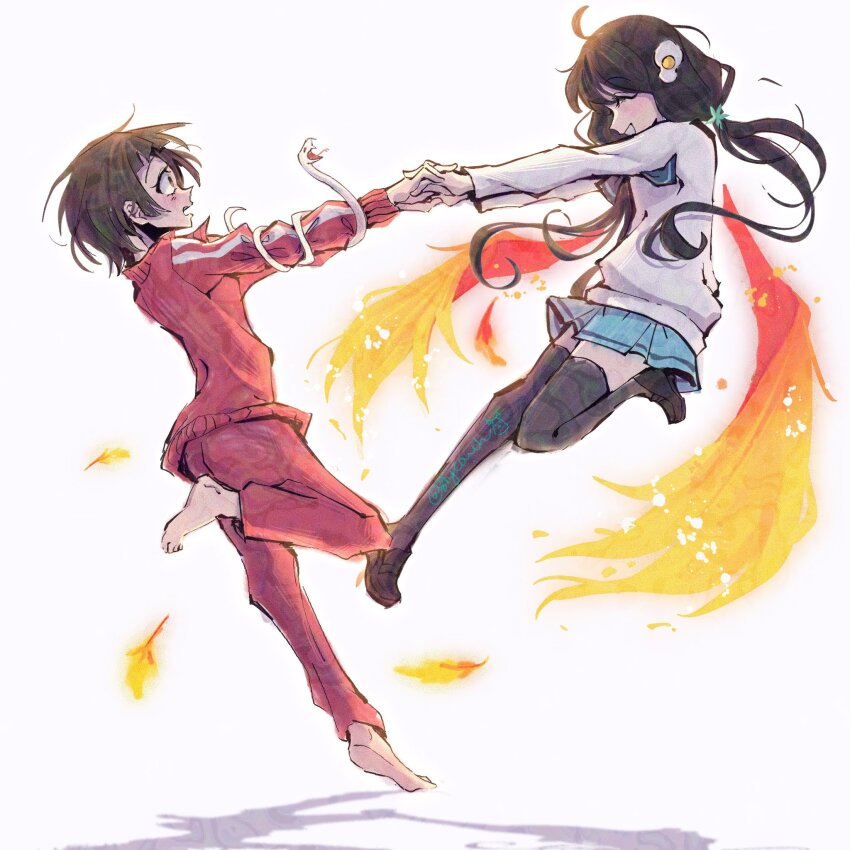 2girls :d ^_^ ahoge araragi_tsukihi artist_name barefoot black_hair black_thighhighs blue_bow blue_bowtie blue_skirt bow bowtie brown_footwear brown_hair choppy_bangs closed_eyes commentary constricted_pupils double_vertical_stripe dress_shirt falling_feathers feathers fiery_wings floating_hair foot_up full_body highres holding_hands jacket jumping kuchinawa light_blush light_particles loafers long_hair long_sleeves looking_ahead looking_at_another looking_up low_twintails messy_hair monogatari_(series) multiple_girls nademonogatari open_mouth orange_feathers orange_wings orokamonogatari pants parted_lips phoenix_girl reaching reaching_towards_another red_jacket red_pants school_uniform sengoku_nadeko shadow shirt shoes short_hair shycouch signature simple_background skirt smile snake soles standing standing_on_one_leg surprised thighhighs toes track_jacket track_pants tsuganoki_second_junior_high_school_uniform twintails twitter_username white_background white_shirt white_snake wide-eyed wings wrapped zettai_ryouiki