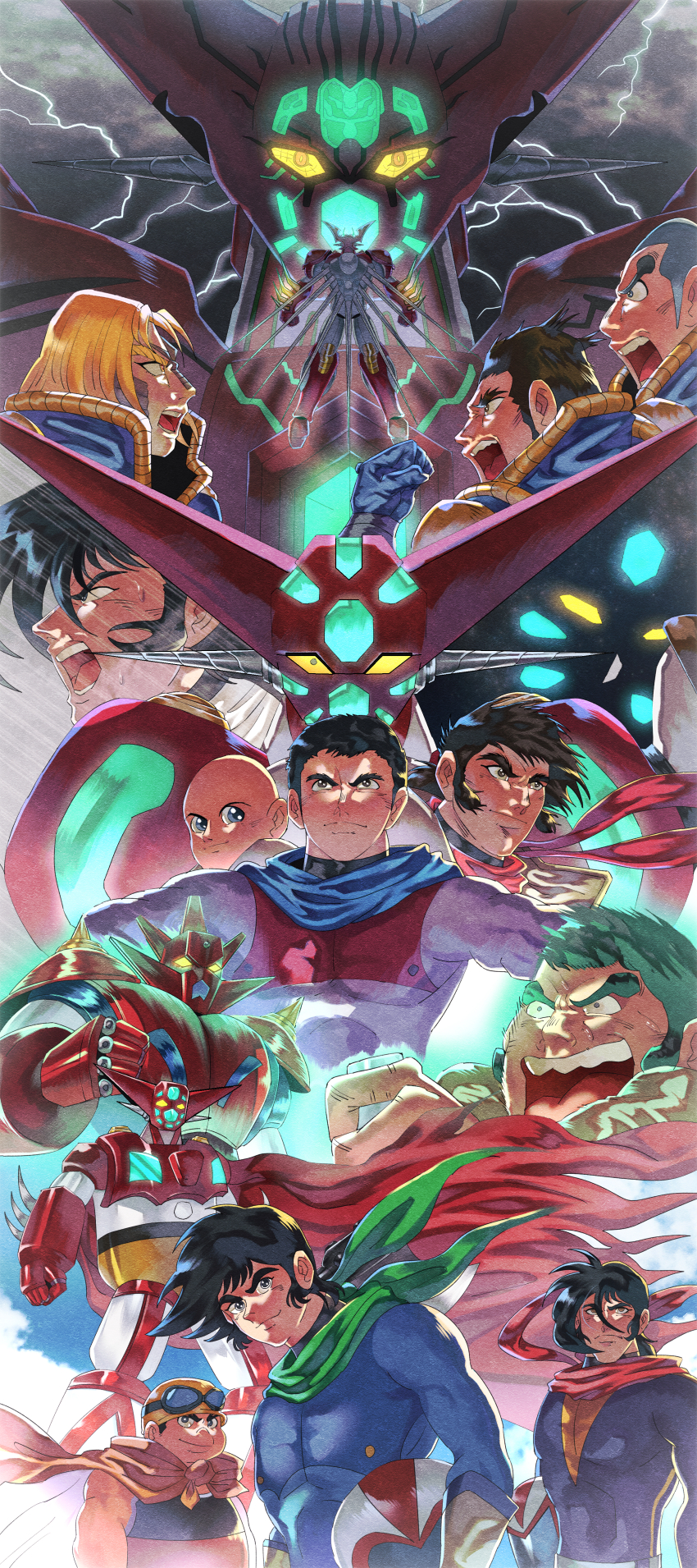 6+boys absurdres arm_blade armor aura bald benkei_kuruma black_hair blonde_hair blue_eyes blue_jumpsuit cape character_request coat energy getter-1 getter_arc getter_dragon getter_emperor getter_rays getter_robo getter_robo_(classic) getter_robo_arc getter_robo_g getter_robo_go getter_ten glowing glowing_eyes glowing_lines green_light grey_jumpsuit hair_between_eyes highres horns ichimonji_gou jin_hayato jumpsuit long_hair looking_at_viewer mecha mecha_request multiple_boys musashi_tomoe nagare_ryoma nagare_takuma pilot_suit red_armor red_eyes red_scarf robot scarf shin_getter-1 shin_getter_robo short_hair shou_kamui sideburns slllle1 smile spikes super_robot trench_coat weapon yamagishi_baku yellow_eyes