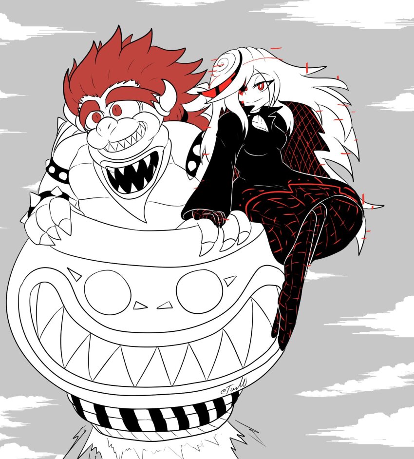 1boy 1girl aged_up bandana black_dress bowser_jr. bracelet clenched_hand closed_mouth crossover deku_shield dress fang from_side glitch gloves hair_over_one_eye hand_up highres horns jewelry long_hair long_sleeves mario_(series) multicolored_hair nintendo one_eye_covered red_eyes red_hair sage_(sonic) shield short_hair smile sonic_(series) sonic_frontiers spiked_shell spikes thick_eyebrows turb0_time turtle_shell white_bandana white_hair