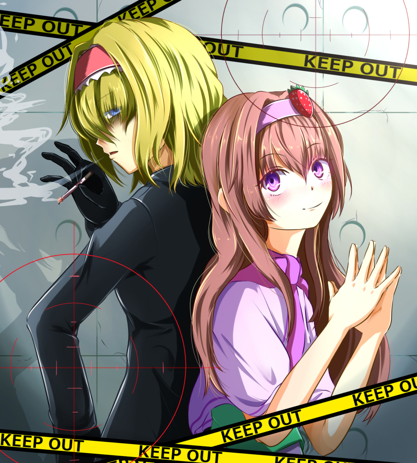 2girls alice_margatroid back-to-back black_gloves black_jacket blonde_hair blue_eyes blush brown_hair capelet caution caution_tape cigarette closed_mouth commentary_request cookie_(touhou) eyes_visible_through_hair food-themed_hair_ornament frilled_hairband frills gloves grey_background hair_between_eyes hair_ornament hair_over_eyes hairband highres holding holding_cigarette ichigo_(cookie) jacket jigen_(cookie) long_bangs long_hair looking_at_viewer multiple_girls necktie open_mouth pink_capelet pink_eyes pink_hairband purple_necktie sakuna_brownie short_hair sidelocks smile smoke smoking steepled_fingers strawberry_hair_ornament touhou upper_body