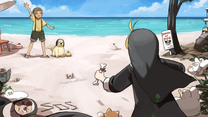 1boy 3girls :d @_@ backwards_hat beach bird blonde_hair bone brown_hair cat chicken clumsy_nun_(diva) commentary crab diva_(hyxpk) dog duck duckling english_commentary frog_headband froggy_nun_(diva) golden_retriever green_shorts habit hat highres holding holding_bone lifebuoy little_nuns_(diva) multiple_girls nun ocean open_mouth shirt shorts slice_of_life smile spicy_nun_(diva) sunglasses suspenders swim_ring tail tail_wagging traditional_nun yellow_shirt