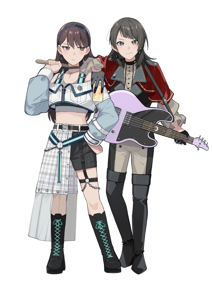 2girls 5-string_bass_guitar absurdres bang_dream! bang_dream!_it&#039;s_mygo!!!!! bass_guitar black_boots black_gloves black_hair black_pants blue_eyes boots breasts capelet cleavage closed_mouth commentary_request crop_top drumsticks ear_piercing earrings extended_range_bass_guitar flower_stand_art full_body gloves half-skirt highres holding holding_carton holding_drumsticks instrument jewelry long_hair looking_at_viewer medium_hair midriff mole mole_under_eye multiple_girls nanami_(nunnun_0410) navel pants piercing purple_eyes red_capelet shiina_taki shirt simple_background skirt thigh_boots timoris_(bang_dream!) two-tone_pants white_background white_pants white_shirt white_skirt yahata_umiri