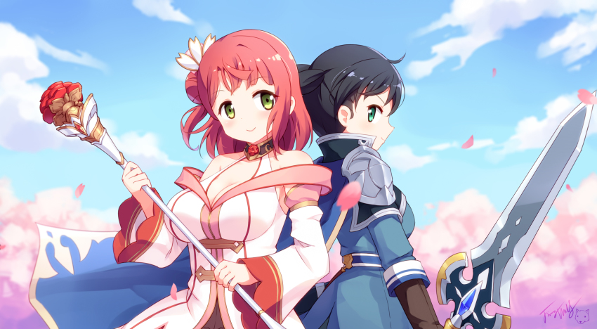 2girls armor back-to-back bare_shoulders black_hair blue_cape blue_jacket blue_sky breasts brown_gloves cape cleavage closed_mouth cloud commentary_request cosplay day detached_sleeves dress gloves green_eyes hair_bun highres holding holding_staff holding_sword holding_weapon jacket langbazi long_sleeves love_live! love_live!_nijigasaki_high_school_idol_club medium_breasts multiple_girls one_side_up outdoors pauldrons petals princess_connect! red_hair shoulder_armor side_bun signature single_hair_bun single_side_bun sky smile staff sword takasaki_yu twintails uehara_ayumu weapon white_dress white_sleeves wide_sleeves yui_(princess_connect!) yui_(princess_connect!)_(cosplay) yuuki_(princess_connect!) yuuki_(princess_connect!)_(cosplay)