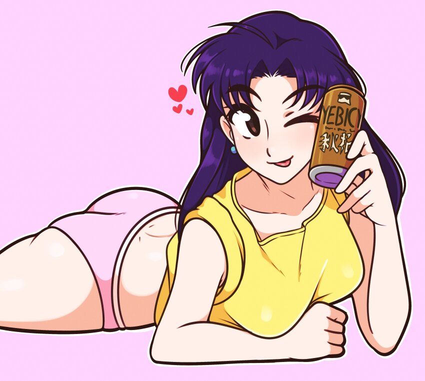 1girl ;p absurdres alcohol ass beer beer_can brand_name_imitation breasts brown_eyes can drink_can earrings heart highres jeff_miga jewelry katsuragi_misato large_breasts long_hair looking_at_viewer lying neon_genesis_evangelion no_pants on_stomach one_eye_closed panties parted_bangs pink_background pink_panties purple_hair shirt simple_background sleeves_rolled_up smile solo the_pose tongue tongue_out underwear yebisu yellow_shirt