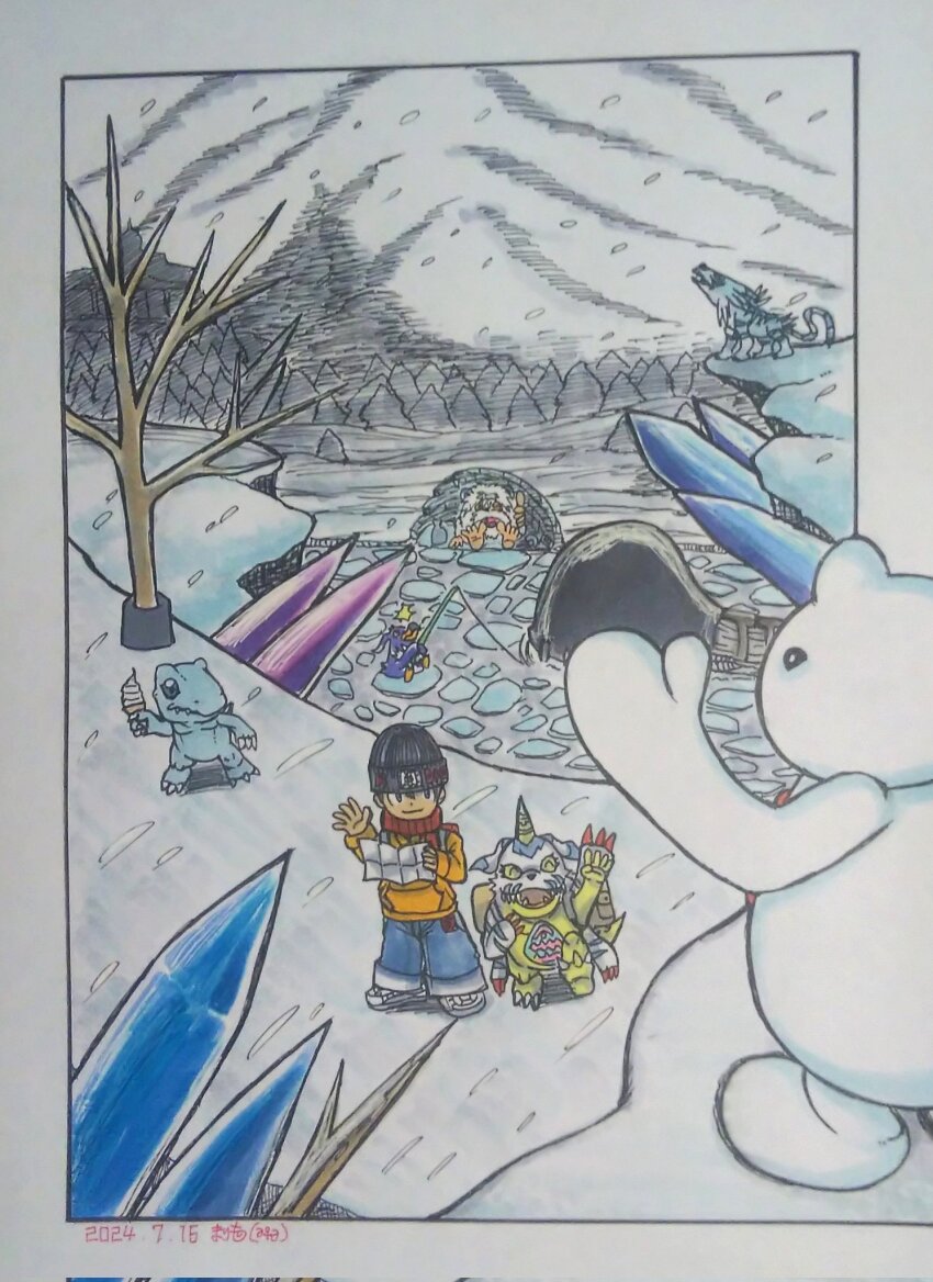 beak digimon digimon_(creature) food gabumon highres ice ice_cream mameo_(digimon) mojyamon penmon sharp_teeth snow snowing teeth yukiagumon yukidarumon