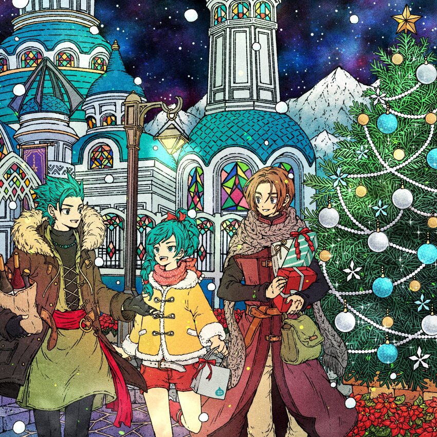 1girl 2boys belt blue_eyes blue_hair braid braided_ponytail camus_(dq11) christmas christmas_tree dragon_quest dragon_quest_xi earrings fingerless_gloves gloves hair_ribbon hero_(dq11) high_braid highres jewelry long_hair maya_(dq11) multiple_boys open_mouth red_vest ribbon scarf shorts single_braid smile toriga vest
