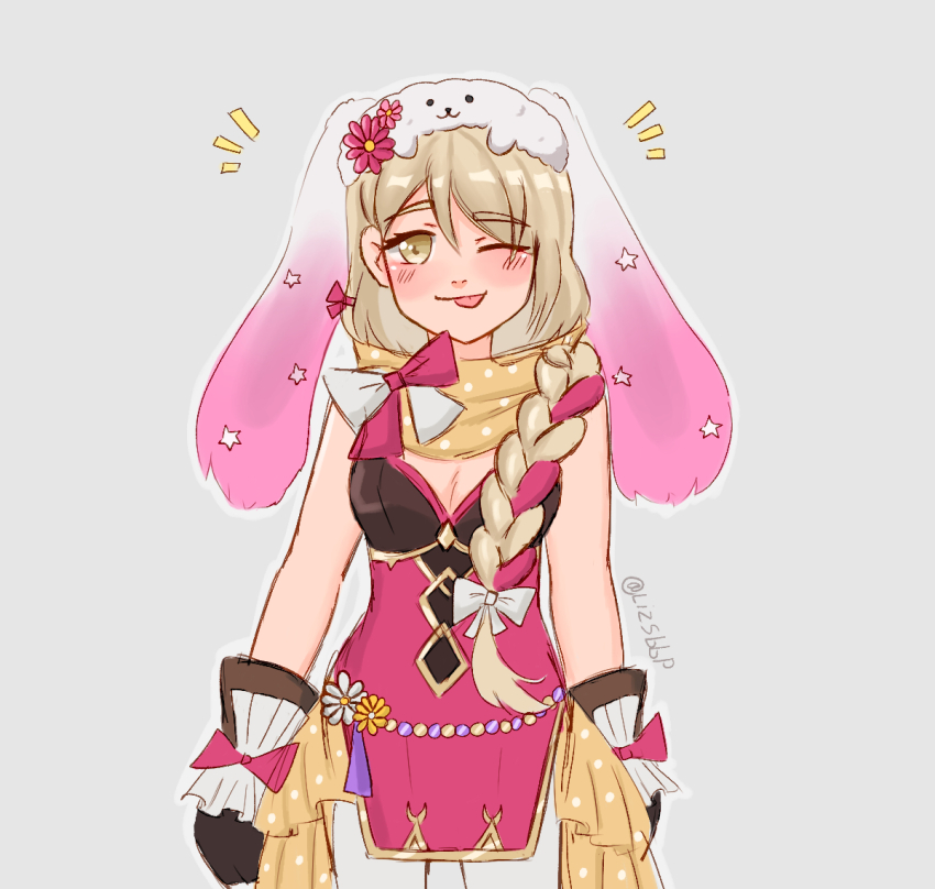 1girl animal_hat braid braided_ponytail brown_gloves fire_emblem fire_emblem_engage fire_emblem_heroes framme_(fire_emblem) framme_(spring)_(fire_emblem) gloves hair_over_shoulder hat highband lizsbbp nintendo official_alternate_costume pantyhose pelvic_curtain rabbit_hat scarf solo white_pantyhose