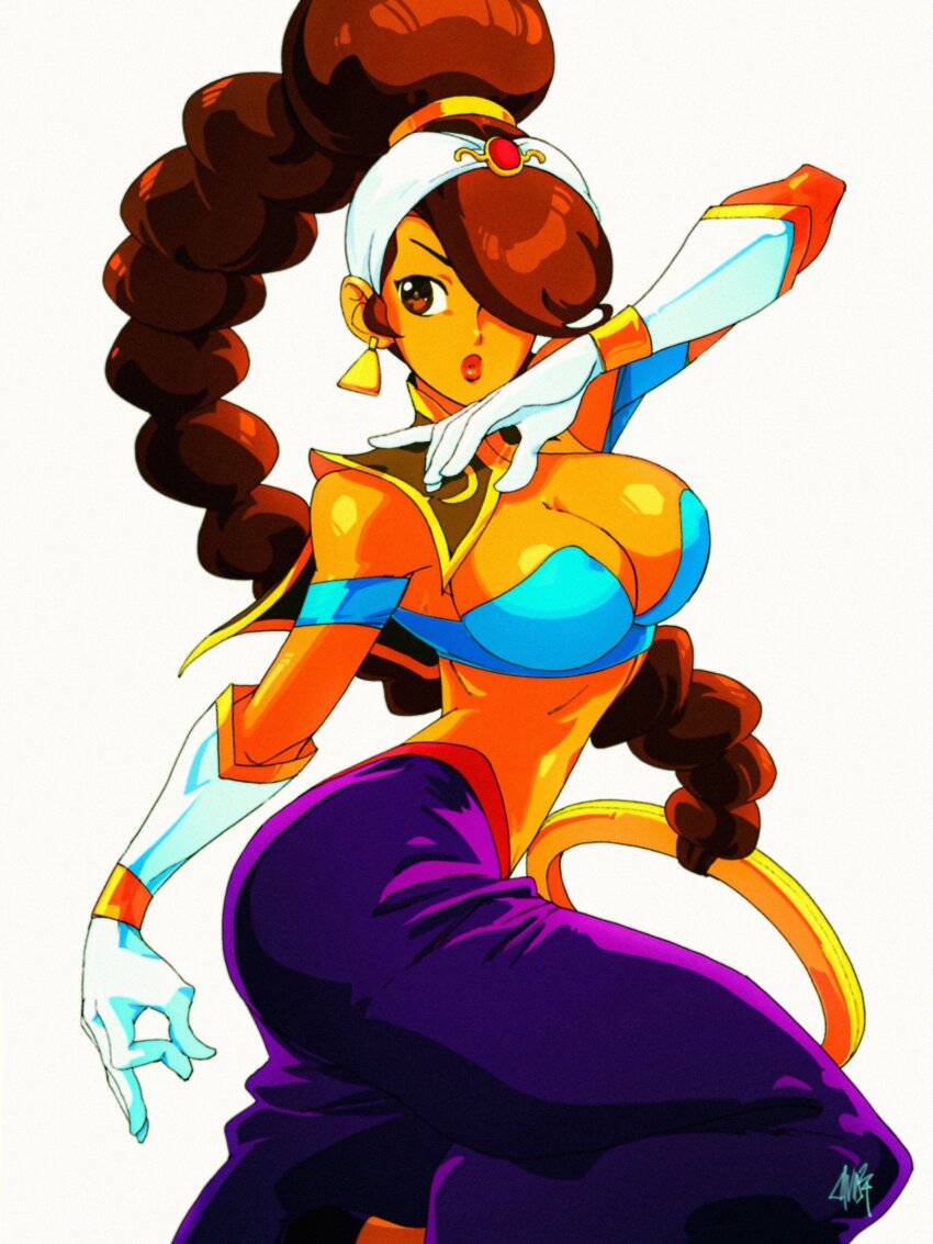 1girl absurdres bandeau braid breasts brown_eyes brown_hair cleavage dark-skinned_female dark_skin david_liu earrings gloves hair_ornament hair_over_one_eye harem_outfit harem_pants headband highres jewelry large_breasts long_hair pants power_stone purple_pants rouge_(power_stone) simple_background single_braid solo white_headband