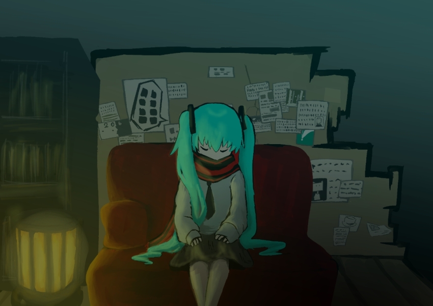 1girl alternate_costume aqua_background aqua_hair billboard black_necktie black_skirt bookshelf closed_eyes couch facing_viewer feet_out_of_frame gradient_background grey_sweater hands_on_lap hatsune_miku indoors kerosene_heater kouno_torisuke long_hair mugs_(vocaloid) necktie note on_couch red_scarf scarf sitting skirt sleeping sleeping_upright solo striped_clothes striped_scarf sweater twintails very_long_hair vocaloid