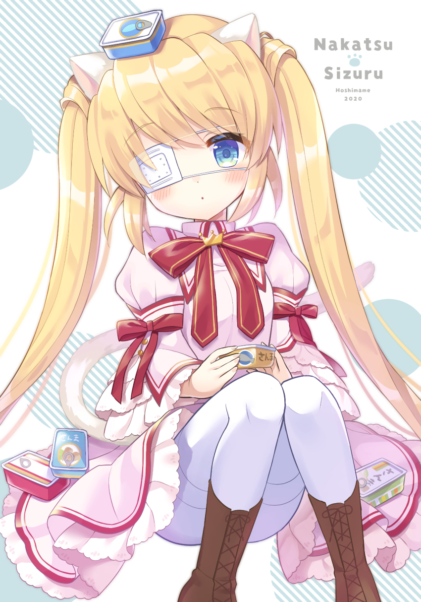 1girl 2020 animal_ears animal_print blonde_hair blue_eyes blush boots brown_boots can canned_food cat_day cat_ears cat_tail character_name colored_eyelashes commentary_request convenient_leg crown dated dress eyepatch feet_out_of_frame fingernails fish_print food food_on_head frilled_dress frilled_sleeves frills hair_between_eyes head_tilt highres hoshimame_mana juliet_sleeves kazamatsuri_institute_high_school_uniform knees_together_feet_apart knees_up lace-up_boots long_hair long_sleeves looking_at_viewer mini_crown nakatsu_shizuru object_on_head one_eye_covered pantyhose parted_lips pink_dress puffy_sleeves red_ribbon rewrite ribbon school_uniform short_dress sidelocks simple_background sitting solo straight_hair tail thighband_pantyhose twintails very_long_hair white_background white_pantyhose wide_sleeves