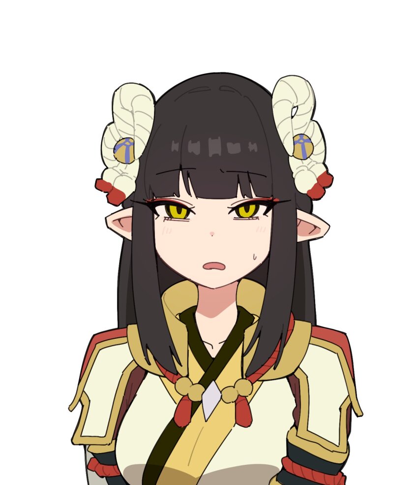 1girl black_hair blunt_bangs commentary hair_ornament highres japanese_clothes long_hair looking_at_viewer minoto mocha_mh monster_hunter_(series) monster_hunter_rise open_mouth pointy_ears sidelocks simple_background solo sweatdrop symbol-only_commentary upper_body white_background yellow_eyes