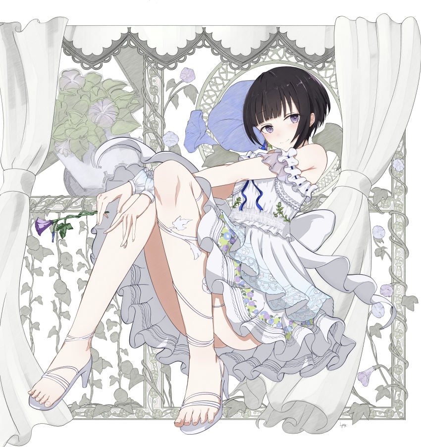 1girl absurdres armpit_crease artist_name bare_shoulders birthday blue_flower blue_ribbon blush btpooo closed_mouth commentary_request curtains dress fingernails floral_print floral_print_dress flower flower_pot frilled_dress frilled_wrist_cuffs frills from_side full_body hair_flower hair_ornament halter_dress halterneck high_heels highres holding holding_flower idol idol_clothes idolmaster idolmaster_cinderella_girls idolmaster_cinderella_girls_starlight_stage knees knees_up layered_dress light_smile looking_at_viewer off-shoulder_dress off_shoulder official_alternate_costume official_alternate_hairstyle plant potted_plant print_dress purple_eyes purple_flower ribbon shirayuki_chiyo short_hair sidelocks signature smile solo split_mouth straight_hair toenails toes vines white_dress white_footwear white_wrist_cuffs wrist_cuffs
