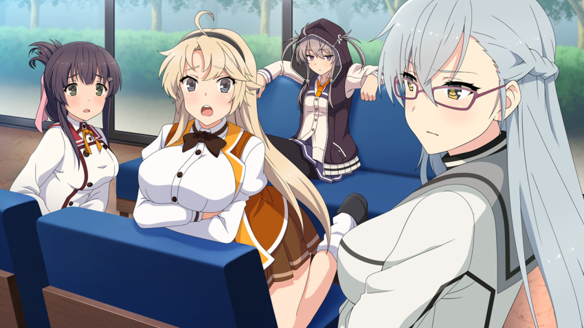 4girls ahoge arms_under_breasts ayanokouji_martial_arts_school_uniform bad_proportions black_hairband black_shoes blonde_hair blue_eyes braid breasts brown_skirt closed_mouth couch folded_ponytail furrowed_brow game_cg glasses green_eyes grey_hair grey_sailor_collar hair_between_eyes hair_through_hood hairband half_up_braid hood hood_up hooded_jacket indoors jacket kitora_mirja kohagura_ellen large_breasts long_hair long_sleeves loose_socks minoseki_gakuin_uniform multiple_girls necktie non-web_source on_couch open_clothes open_jacket open_mouth orange_eyes orange_jacket orange_necktie orange_ribbon osafune_girls_academy_school_uniform purple_eyes purple_hair purple_jacket purple_skirt renpu_girls_school_uniform ribbon sailor_collar school_uniform shichinosato_kofuki shirt shoes sidelocks sitting skirt socks standing toji_no_miko toji_no_miko:_kizamishi_issen_no_tomoshibi white_shirt white_socks winter_uniform yanase_mai